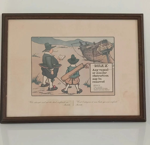 Vintage Lithographic Print, Golf Rule X. Charles Crombie, Blind Stamped Perrier