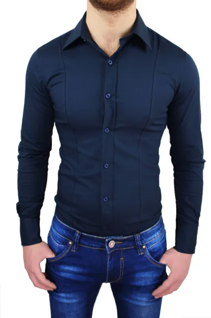 Camicia Uomo Casual Blu Slim Fit Super Aderente Cotone Elasticizzata Stretch