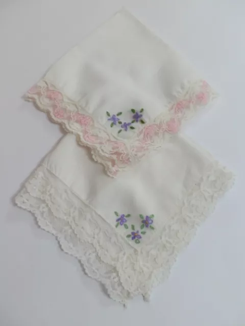 2 Very Pretty Embroidered Vintage Lace Handkerchiefs