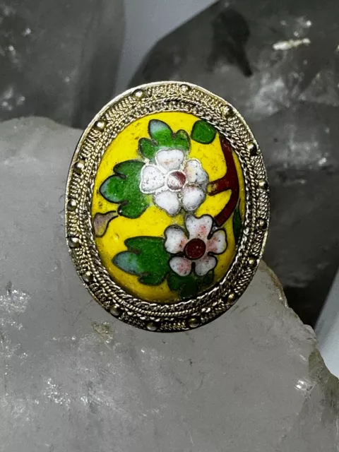 Floral ring size 8 enamel cloisonne Chinese export sterling silver  women girls