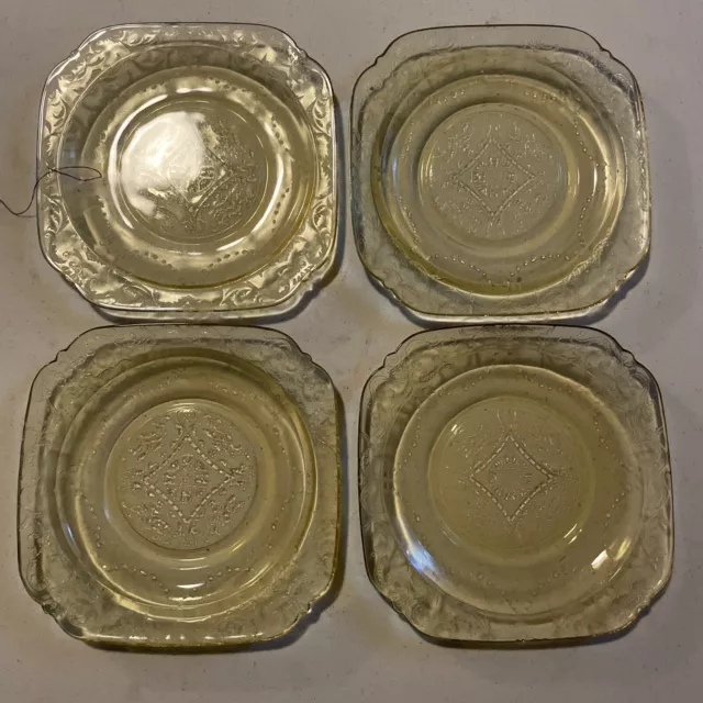 4 Depression Federal Glass Madrid Pattern Yellow Amber Bread & Butter Plates 6”