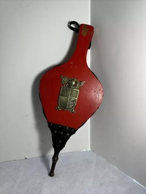 Vintage Wood Leather Fireplace Bellows with Brass Coat Of Arms