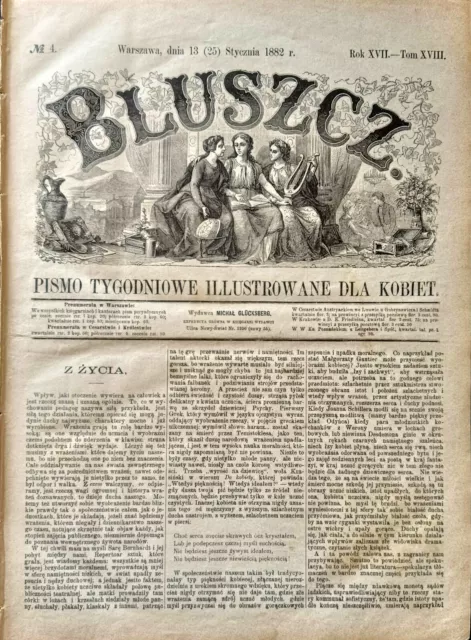 1881 Original Polish newspaper Bluszcz Pismo tygodniowe ilustrowane dla kobiet