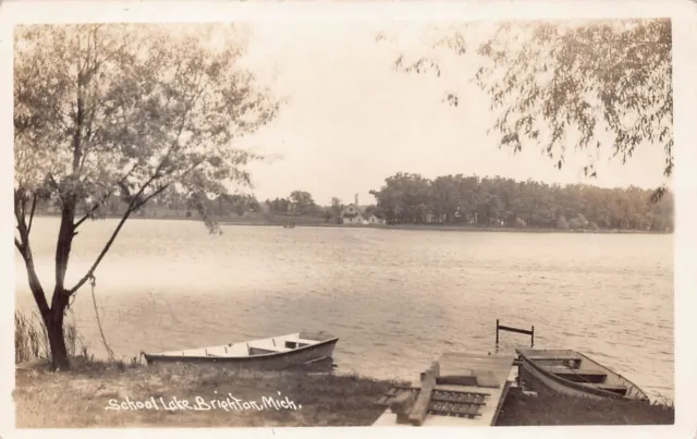 RPPC Brighton MI Michigan Livingston County School Lake Photo Vtg Postcard Y8