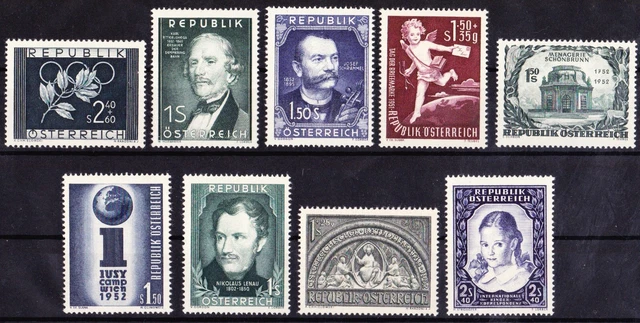 Österr. 1952 ANK 985-993 Mi 969-977 ** kompl. Jahrgang 1952 postfrisch KW €146,-