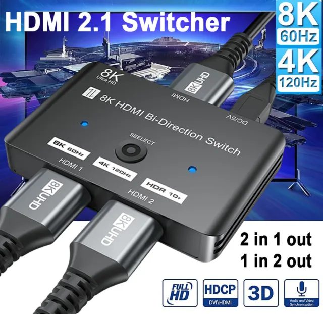 UGREEN HDMI 2.1 Switch Ultra HD 8K@60Hz HDMI Splitter 2 in 1 Out Supports  4K@120Hz 1080P@240Hz 3D HDR Dolby AC High Speed 48Gbps HDMI Switch