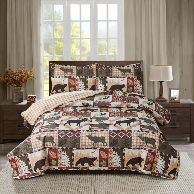 Rustic Lodge Quilt Set King Size Country Cabin Bedspread Coverlet King Moose