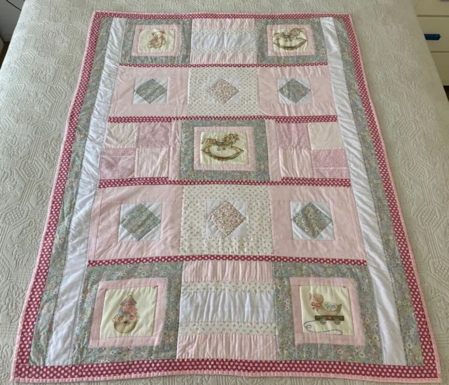 Handmade Patchwork Squares Cotton Quilt Pink Baby Nursery Gift 120 cm x 90 cm