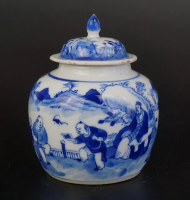 Antique Chinese Blue and White Porcelain Scholar Brush Washer Pot & Cover 19th C