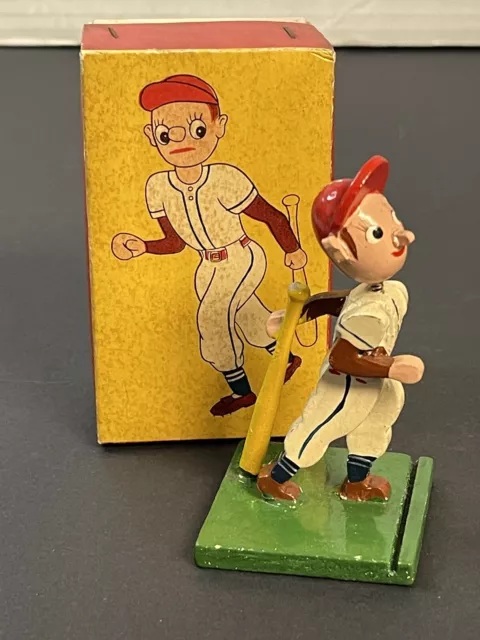 1950's Baseball Bobble Head Nodder Japan Hand Painted Wood Place Card Holder 4"