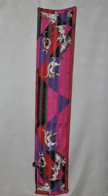 Bob Mackie Wearable Art Printed Silk Stripe Oblong Scarf W/Gift Box-- Red/Cats
