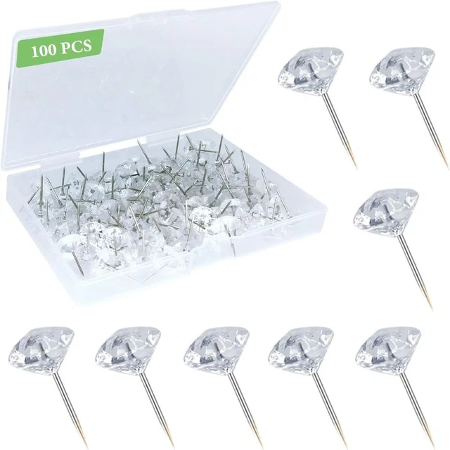 100PCS CLEAR DIAMOND Map Tacks Crystal Decorative Thumb Tacks Cork
