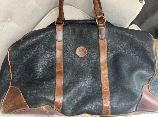 Vintage Timberland Leather Duffle Carry-On Weekender Bag Black Brown