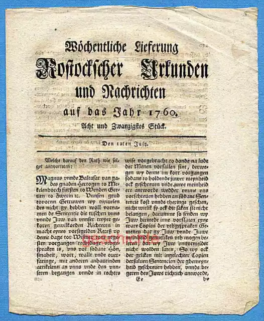 Mecklenburg, Rostocksche Zeitung, Urkunden und Nachrichten, 28. Stück, um 1760 !