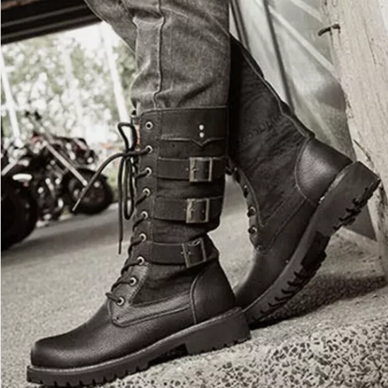 MENS BIKER RIDING Boots Army Military Police Tactical Combat Work Shoes ...