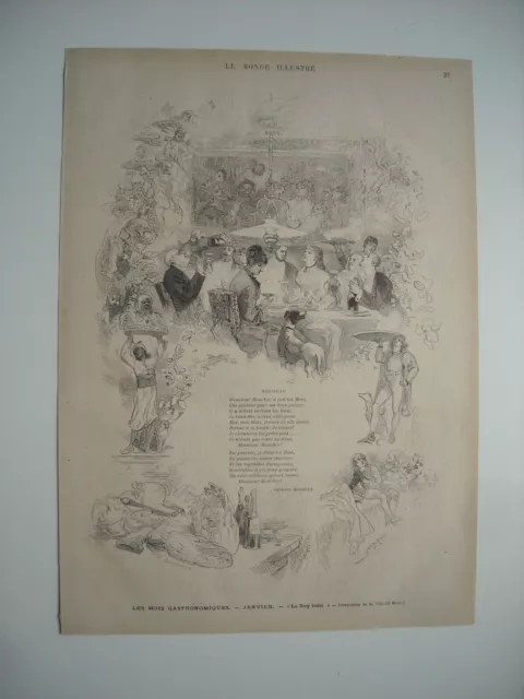 Gravure 1877. Les Mois Gastronomiques. Janvier. Le Roy-Boist. Par Edmond Morin.