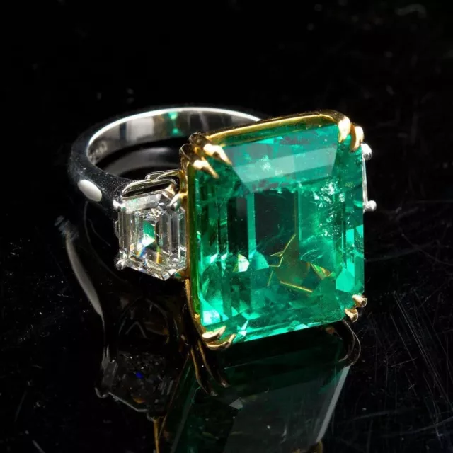 14K White Gold Finish 4.50CT Lab-Created Green Emerald Engagement 3-Stone Ring