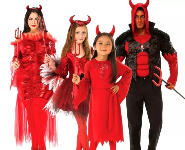 DELUXE RED DEVIL Family Fancy Dress Costume Halloween Ladies Mens Girls Devils