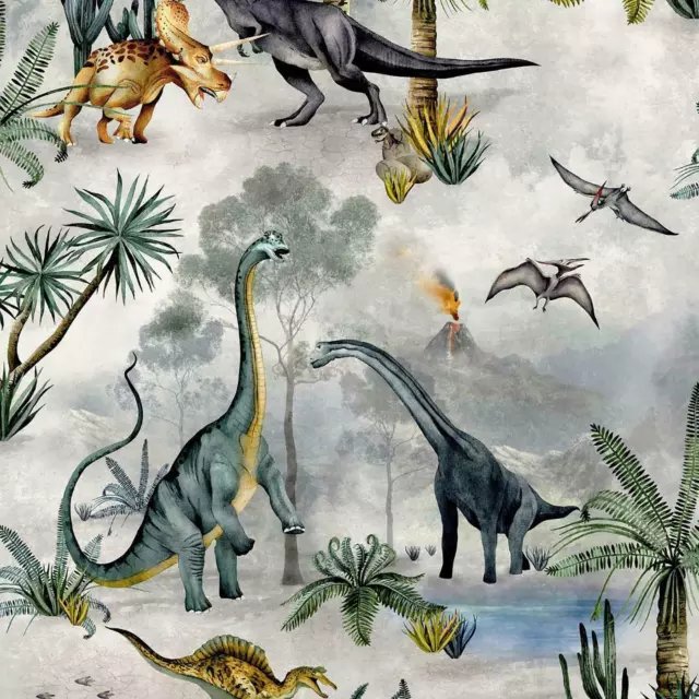 Begravia Dino Kingdom Dinosaur Tropical Colour Green Multi Kids Wallpaper 7700