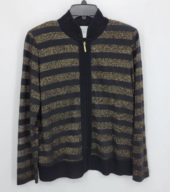Exclusively Misook Cardigan Sweater Womens Medium Black Gold Metallic Zip Up