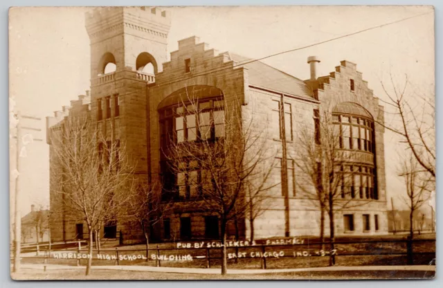 East Chicago Indiana~Harrison High School w/Battlement Tower RPPC c1910 Postcard