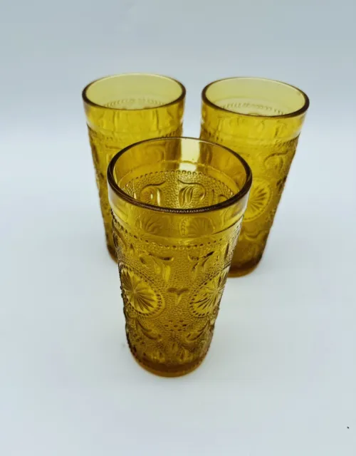 3 Vintage Brockway American Concord Amber Drinking Glasses Tumblers