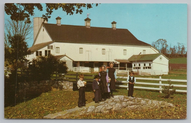 Pennsylvania~Amish Children & Hex Sign Barn~Vintage Postcard