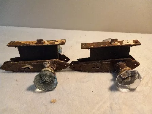 Lot 2 Antique Crystal Glass 12 And 8 Point Door Knob  Set With Back Plates