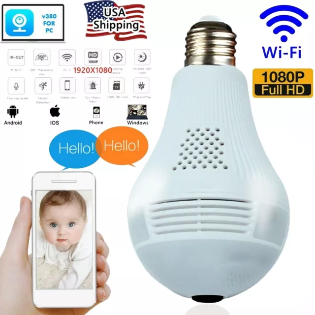 360° Panoramic Hidden Wifi IP Camera Light Bulb HD 1080P Home Security Lamp Cam