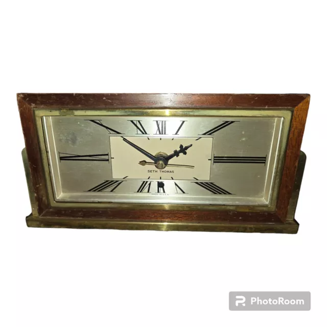 Vintage SETH THOMAS Art Deco BAXTER-2E Wood & Brass MANTEL/DESK Clock 1952 WORKS