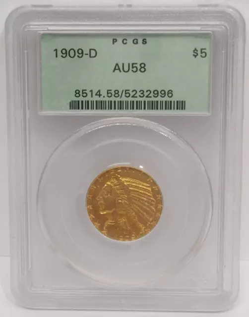 1909-D Gold Indian Half Eagle $5 Coin Pcgs Au 58