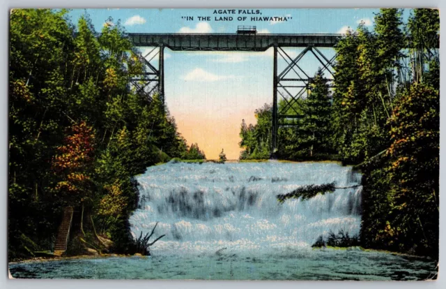 Postcard Agate Falls In The Land Of Hiawatha Railroad Bridge Michigan B13