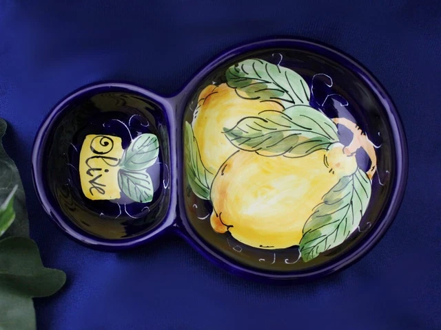 Tuscany Italy Italian Pottery Blue Lemons Olive Tray Condiment Dish