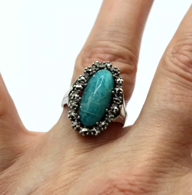 Ancienne Bague en Argent Massif 835 Cabochon d'Amazonite et Marcassites T.53