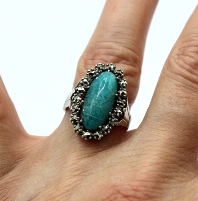Bague Ancienne En Argent Massif 925 - Avec Cabochon D'ambre Véritable - Taille 53