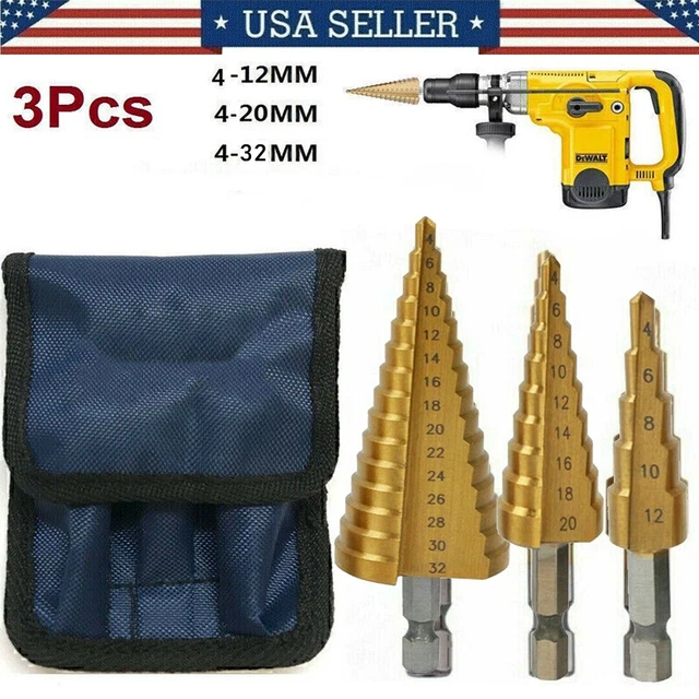 3pcs/Set Titanium Step Cone Drill Hole Cutter Bit HSS Large Set Tool With Pouch