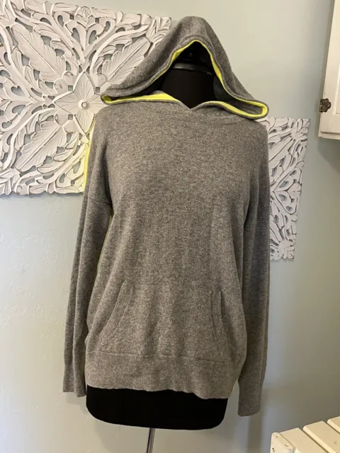 Autumn Cash 100% Cashmere Size L  Hood Sweater Pullover Gray Yellow Long Sleeve