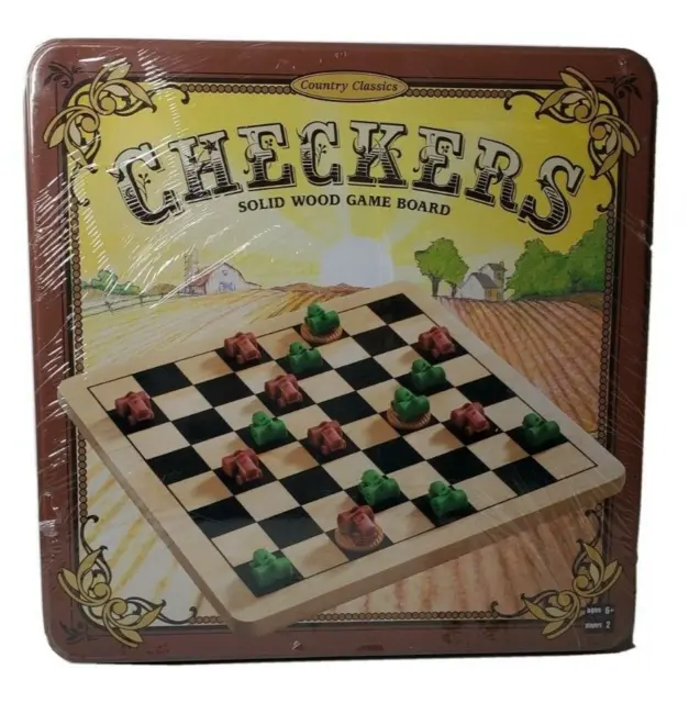 Vintage Checkers Solid Wood Tractors Game Board 2004 By Fundex Metal Tin Sealed
