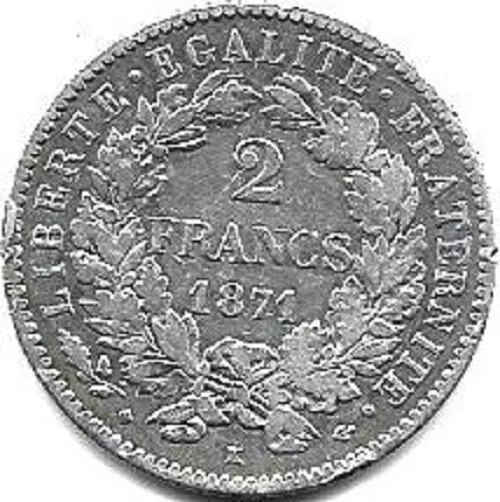 Belle pièce d'argent de 2 Francs type "CERES" 1871 K