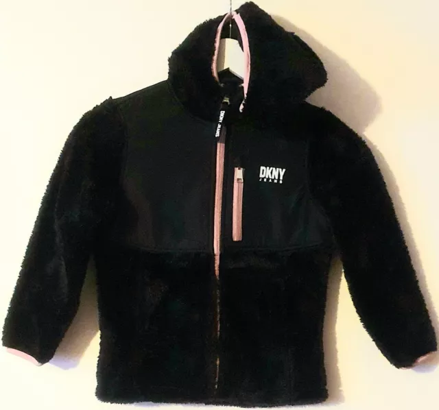 DKNY JEANS/Girls Black & Pink Hooded Faux Fur Jacket/Coat - Age 6