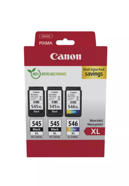 Canon PG-545XL x 2 / CL-546XL High Yield Genuine Ink Cartridges, Pack of 3 (2 x