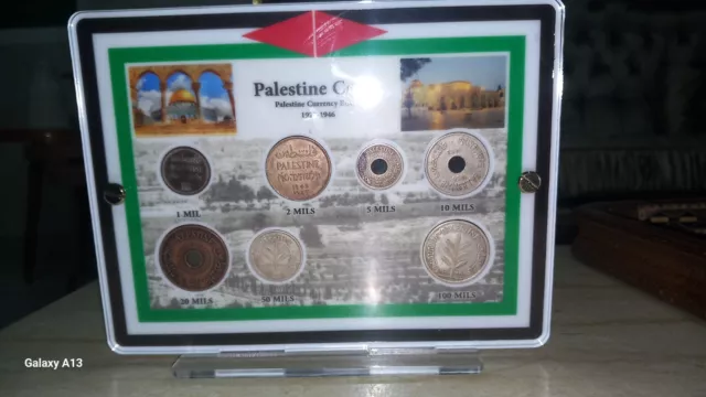 Vintage Tri-ply acrylic frame containing full set  7 coins   from Palestine