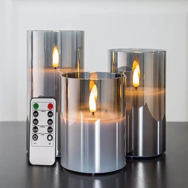 3 LED Candles Set With Remote Control Timer Flameless Flickering Glass Wax UK