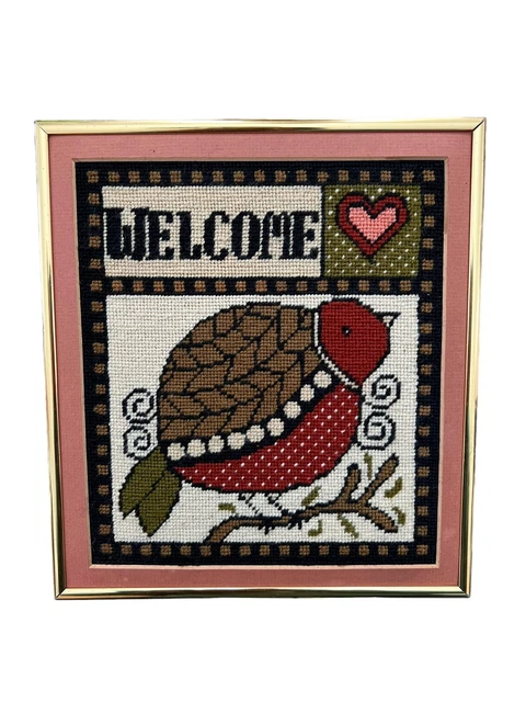Colgante de pared vintage con aguja Robin pájaro de bienvenida enmarcado