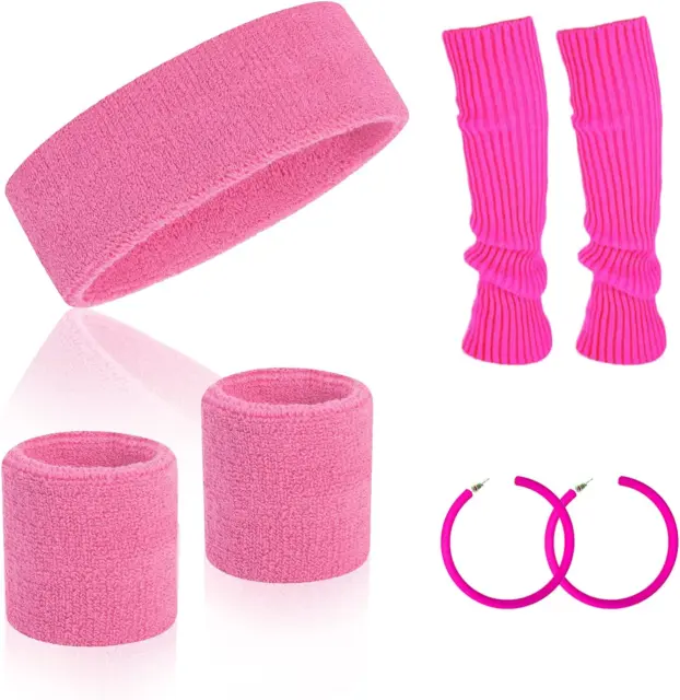 80s Headband and Wristband Set, Neon Pink Leg Warmers Set with Sweatband Running