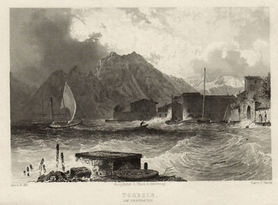 Adige Lago di Garda Trentino Alto Adige Torbole Originale Incisione Acciaio Payne 1850 