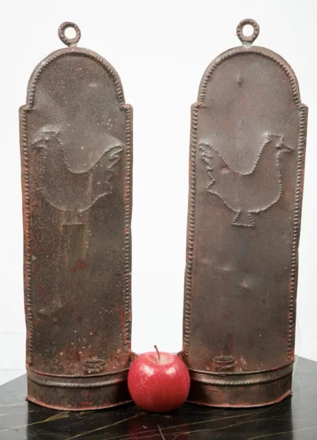 Pr Early 19Th C Pennsylvania Punched Tin Candle Sconces W Chicken Motif Aafa