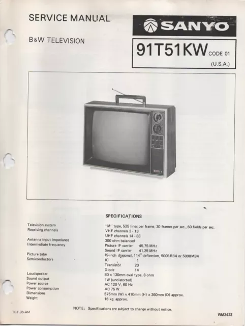 Service Manual for Sanyo 91T51KW Black & White Television TV 19 inch Diagonal