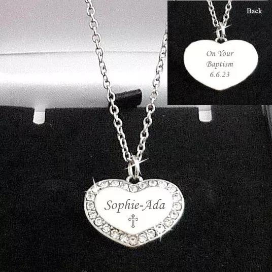 Engraved Heart Necklace with Cross for Girls, First Holy Communion, Baptism Gift