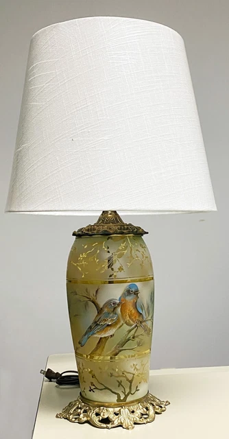 Fenton Art Glass OOAK Painted Bluebirds on Amber Glass Lamp by Robin Spindler
